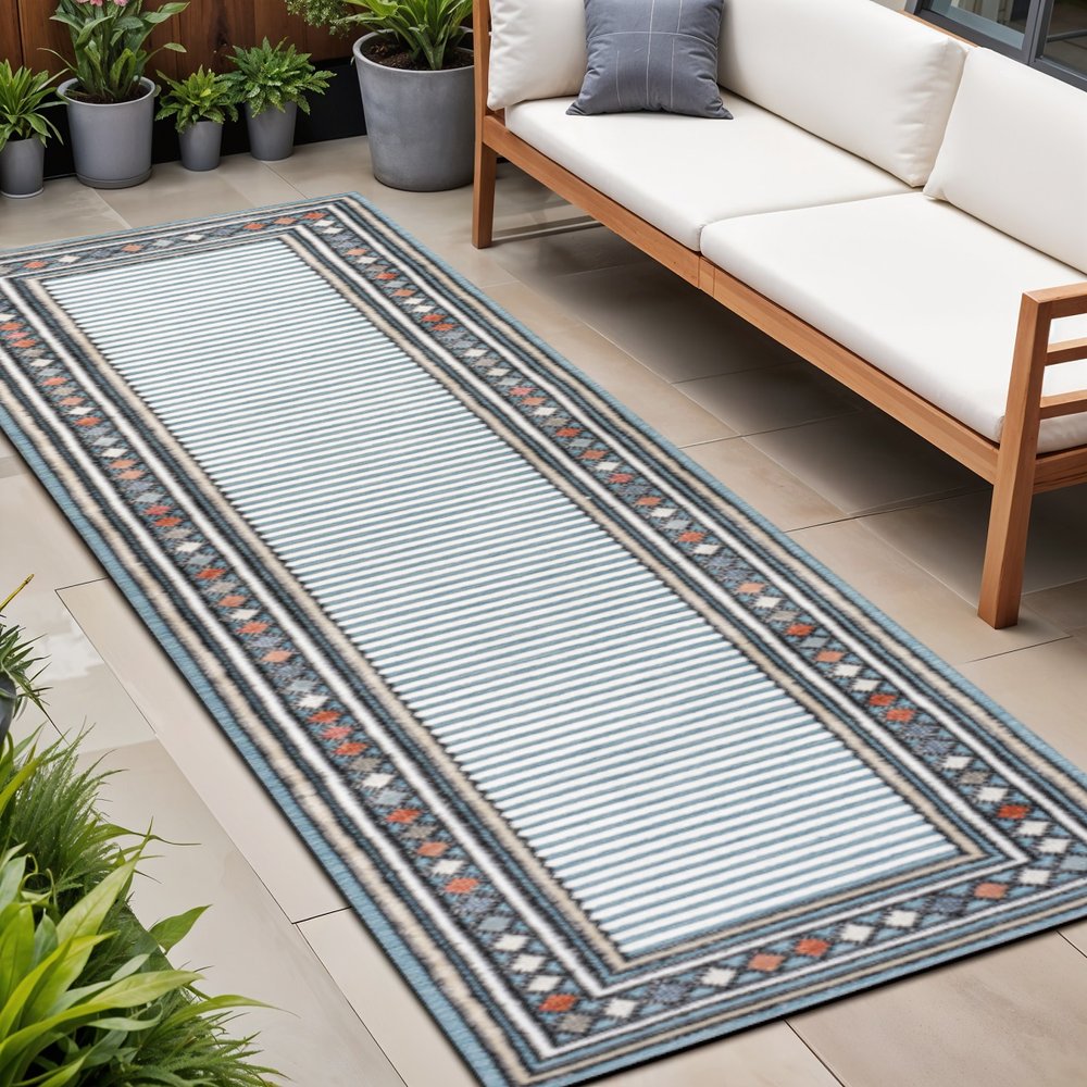 8' Blue And Ivory Geometric Indoor Outdoor Runner Rug — view 7