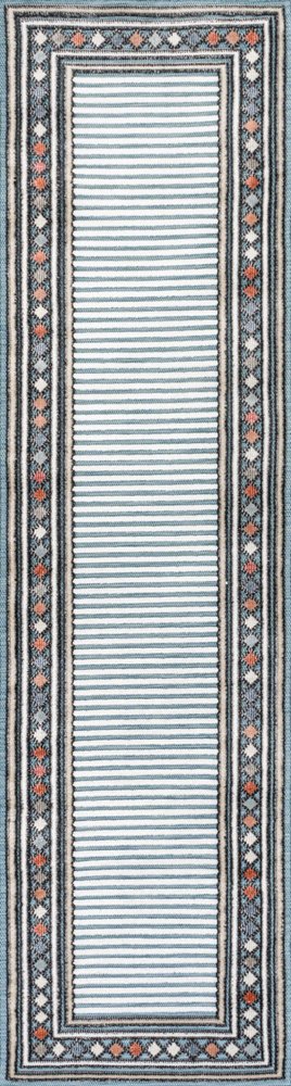 8' Blue And Ivory Geometric Indoor Outdoor Runner Rug