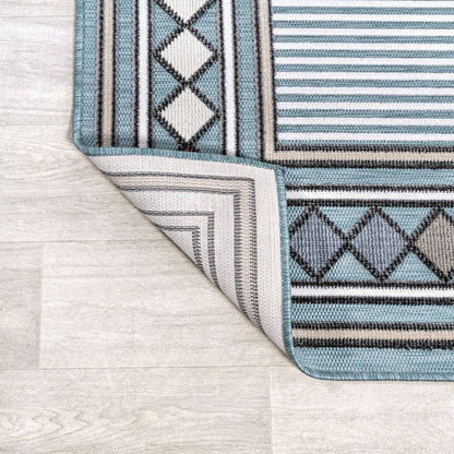 8' Blue And Ivory Geometric Indoor Outdoor Runner Rug HomeRoots