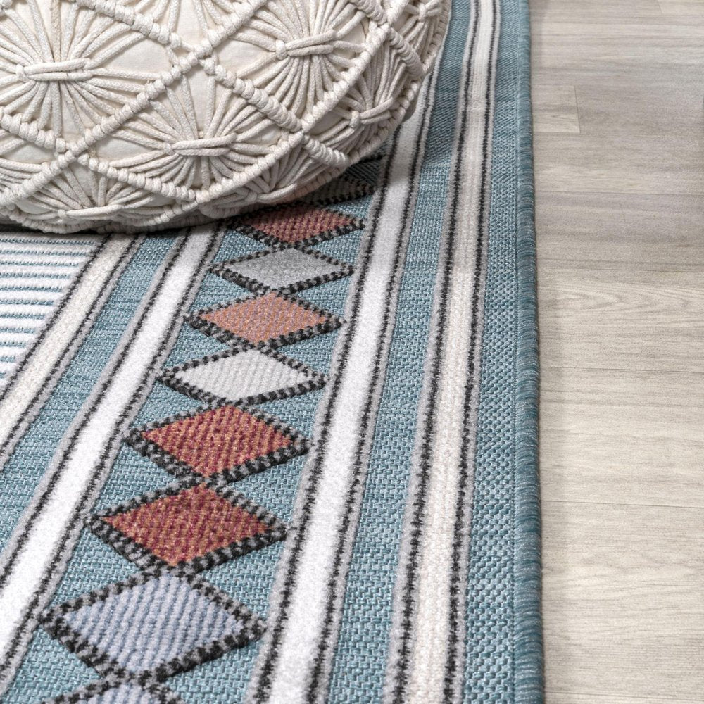 8' Blue And Ivory Geometric Indoor Outdoor Runner Rug HomeRoots