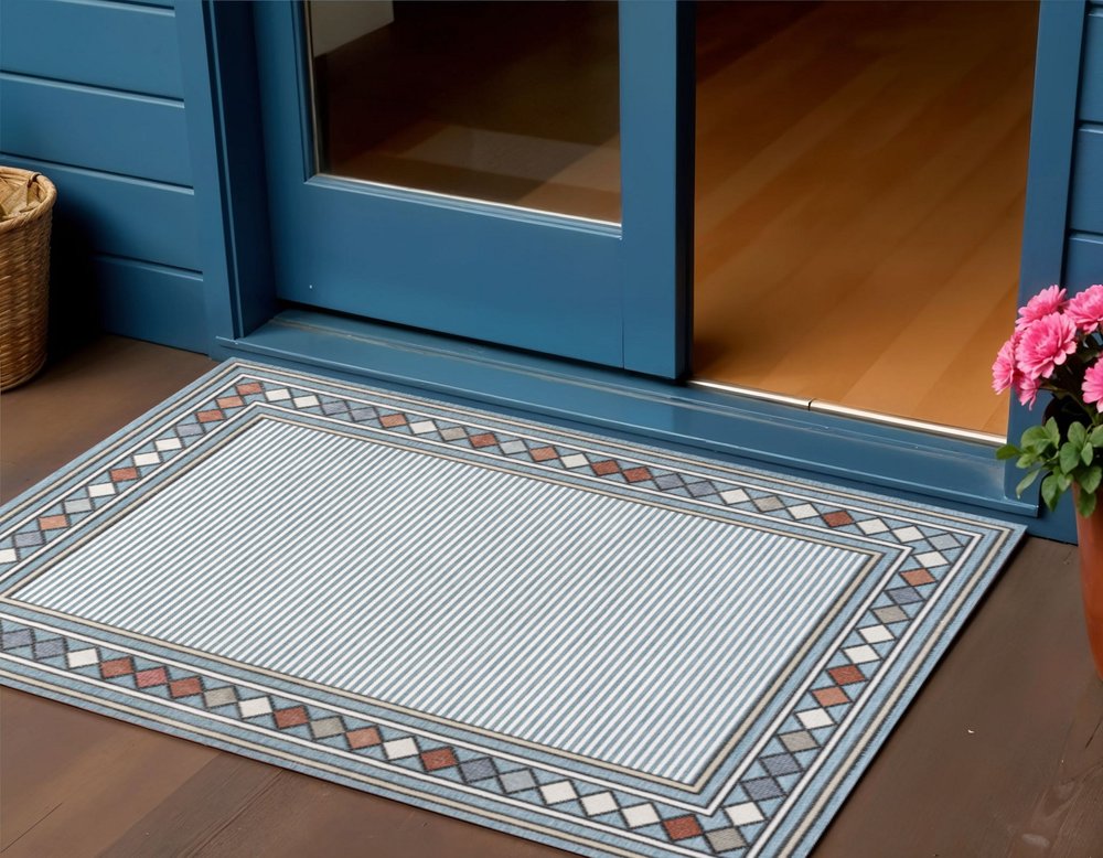 3' X 5' Blue And Ivory Geometric Indoor Outdoor Area Rug — view 5