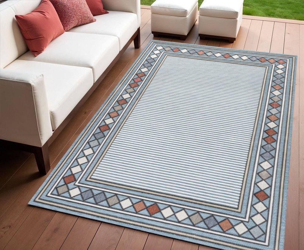 4' X 6' Blue And Ivory Geometric Indoor Outdoor Area Rug — view 5
