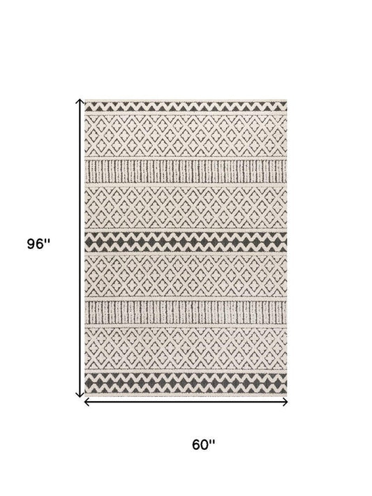 5' X 8' Cream And Black Trellis Indoor Outdoor Area Rug