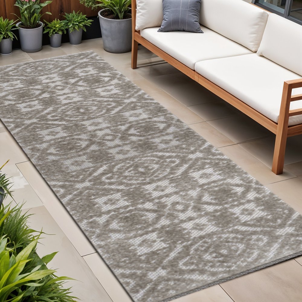 8' Dark Gray And Ivory Moroccan Indoor Outdoor Runner Rug HomeRoots