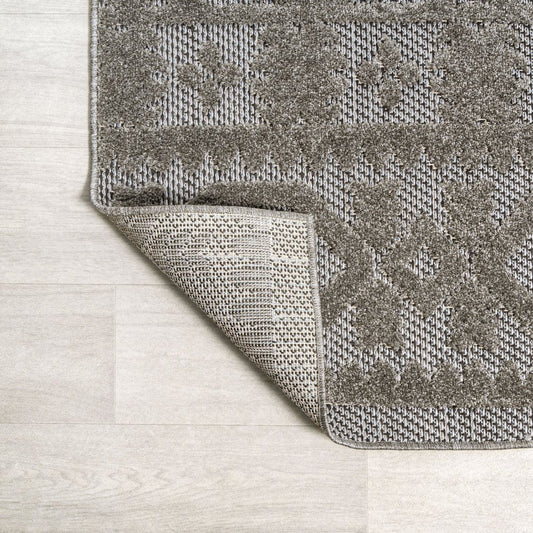 8' Dark Gray And Ivory Moroccan Indoor Outdoor Runner Rug