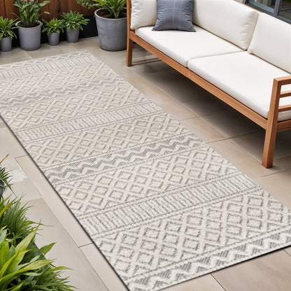 8' Cream And Gray Trellis Indoor Outdoor Runner Rug HomeRoots