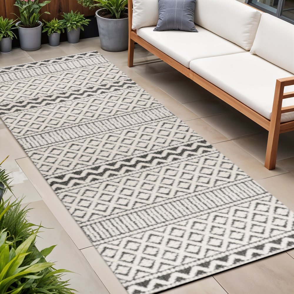 8' Cream And Black Trellis Indoor Outdoor Runner Rug HomeRoots