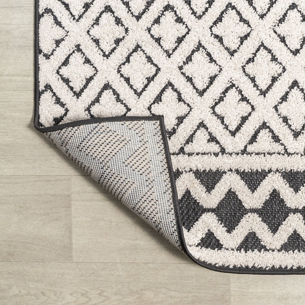 8' Cream And Black Trellis Indoor Outdoor Runner Rug HomeRoots