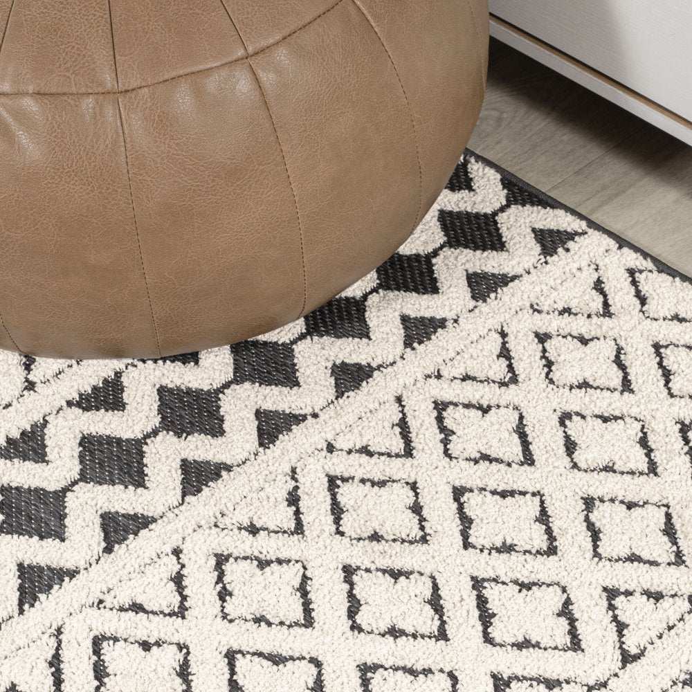 8' Cream And Black Trellis Indoor Outdoor Runner Rug — view 3