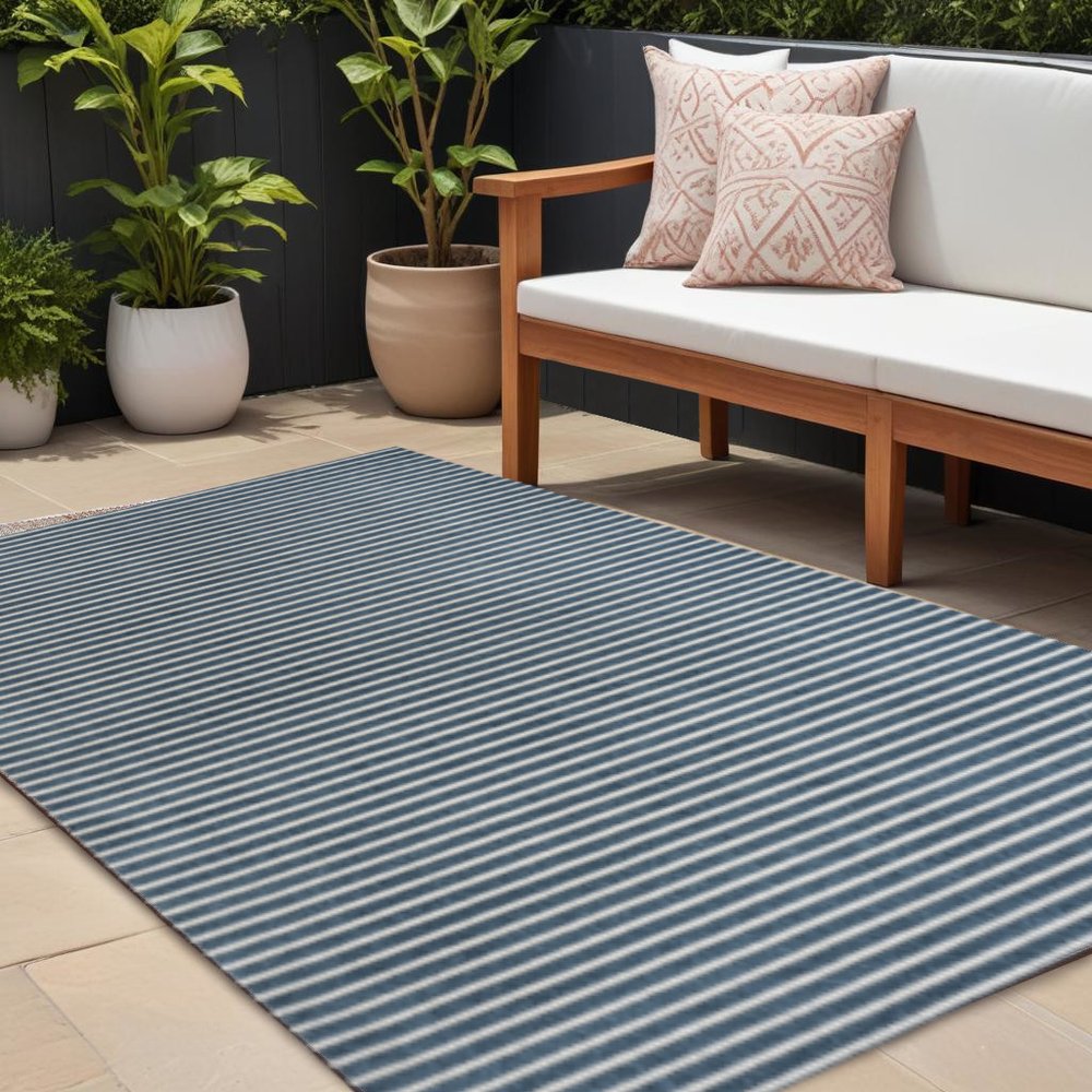 8' X 10' Navy Blue And Ivory Striped Indoor Outdoor Area Rug — view 5