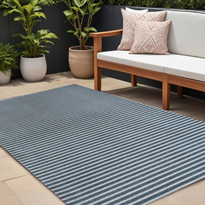 8' X 10' Navy Blue And Ivory Striped Indoor Outdoor Area Rug