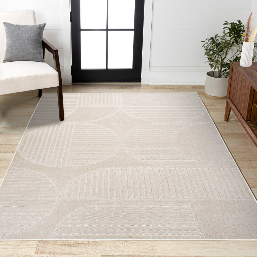 8' X 10' Ivory And Cream Striped Indoor Outdoor Area Rug — view 9