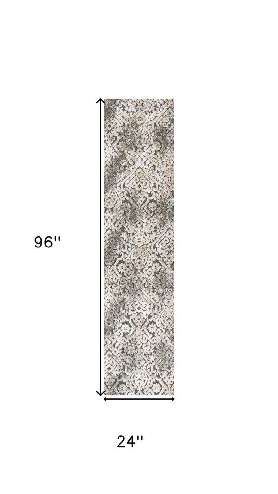 8' Cream Beige And Dark Gray Abstract Indoor Outdoor Runner Rug HomeRoots