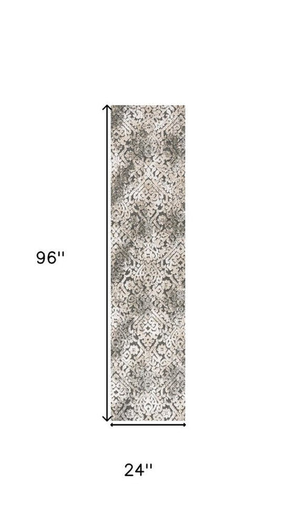 8' Cream Beige And Dark Gray Abstract Indoor Outdoor Runner Rug HomeRoots