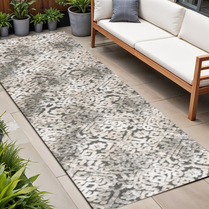 8' Cream Beige And Dark Gray Abstract Indoor Outdoor Runner Rug HomeRoots