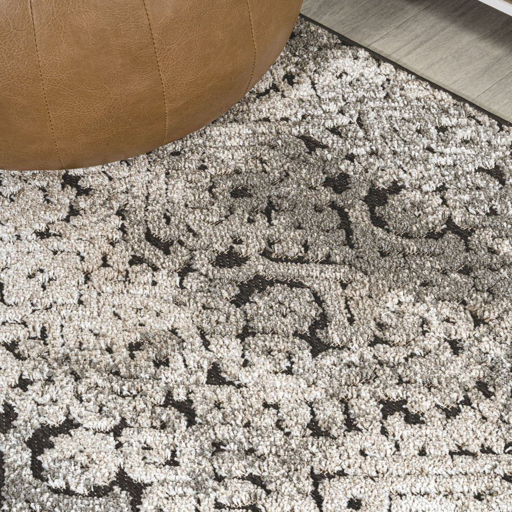 8' Cream Beige And Dark Gray Abstract Indoor Outdoor Runner Rug HomeRoots