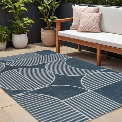 8' X 10' Navy Blue And Cream Striped Indoor Outdoor Area Rug