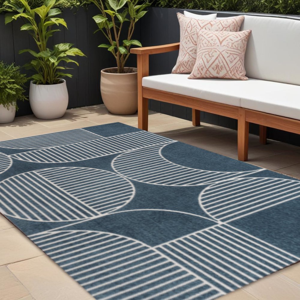 8' X 10' Navy Blue And Cream Striped Indoor Outdoor Area Rug — view 5