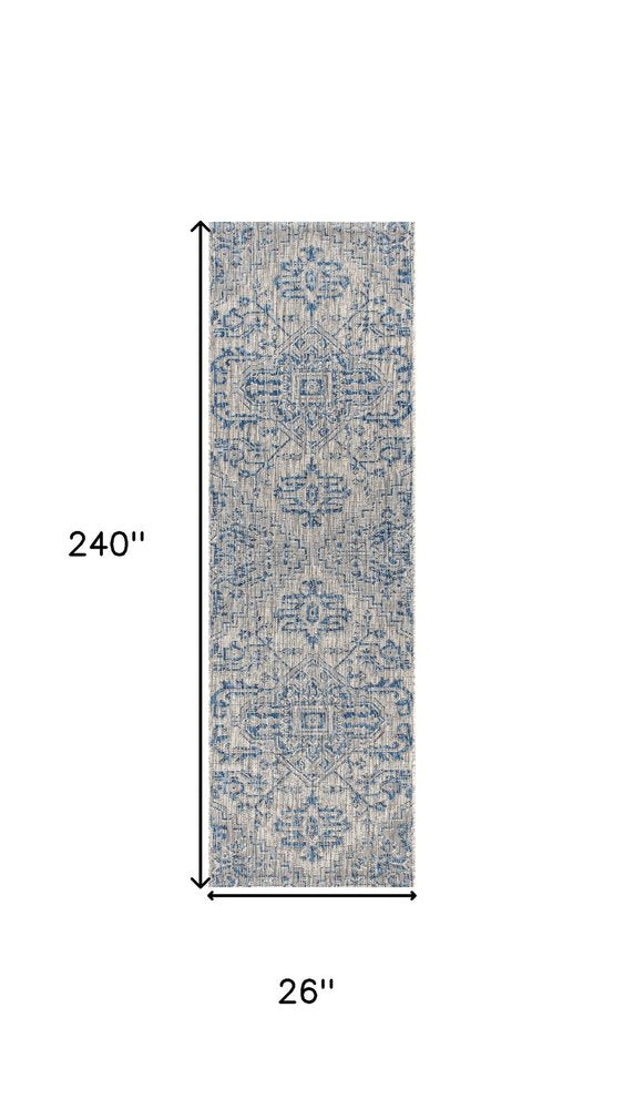 20' Navy Blue And Gray Medallion Indoor Outdoor Runner Rug — view 6