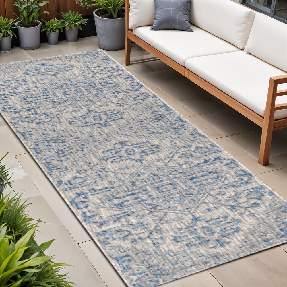 20' Navy Blue And Gray Medallion Indoor Outdoor Runner Rug — view 12