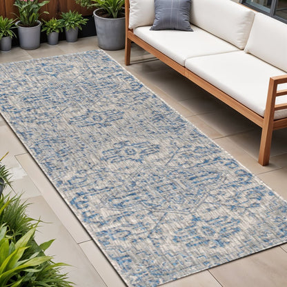 20' Navy Blue And Gray Medallion Indoor Outdoor Runner Rug