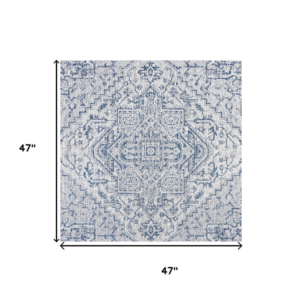 4' Navy Blue And Gray Square Medallion Indoor Outdoor Area Rug HomeRoots