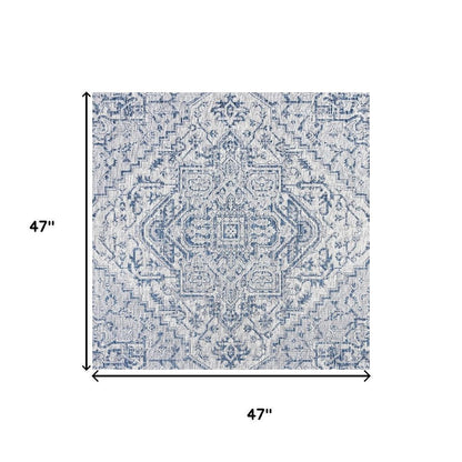 4' Navy Blue And Gray Square Medallion Indoor Outdoor Area Rug HomeRoots