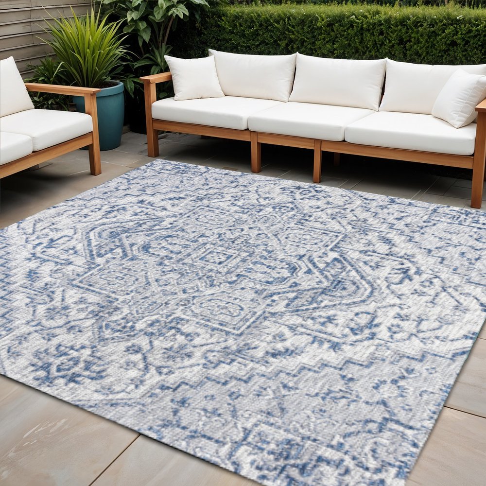 4' Navy Blue And Gray Square Medallion Indoor Outdoor Area Rug HomeRoots