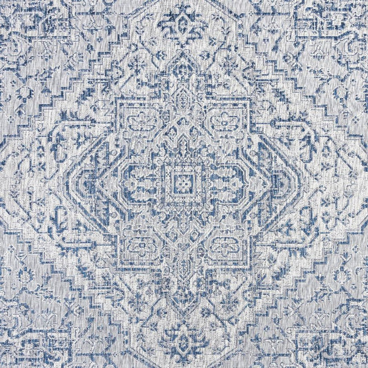 4' Navy Blue And Gray Square Medallion Indoor Outdoor Area Rug