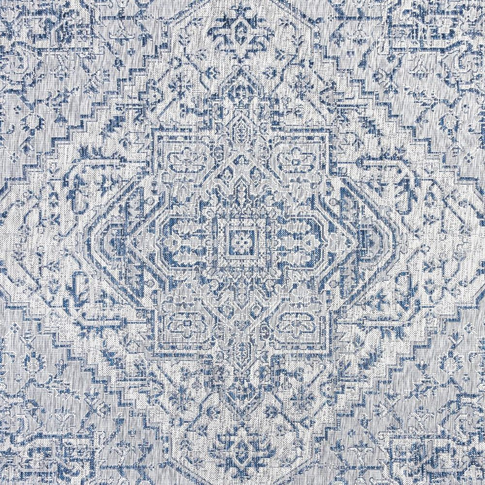 4' Navy Blue And Gray Square Medallion Indoor Outdoor Area Rug — view 1