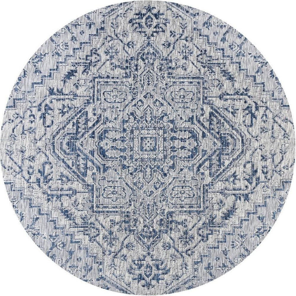 6' Navy Blue And Gray Round Medallion Indoor Outdoor Area Rug — view 8