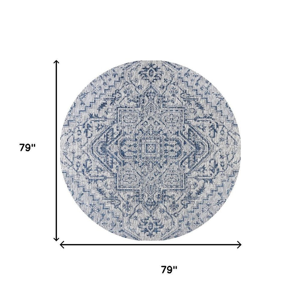 6' Navy Blue And Gray Round Medallion Indoor Outdoor Area Rug — view 9