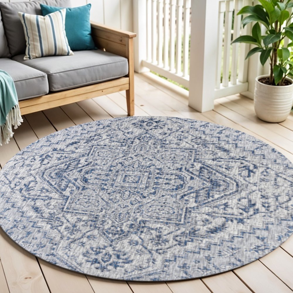 6' Navy Blue And Gray Round Medallion Indoor Outdoor Area Rug — view 10