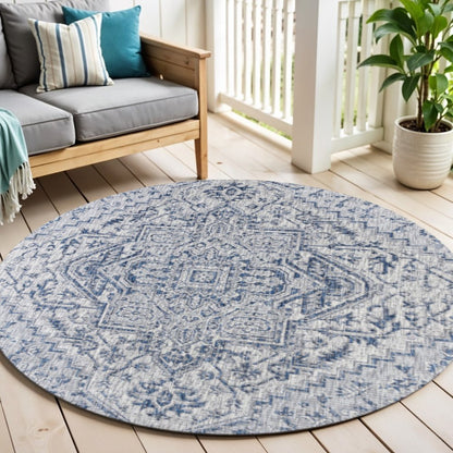 6' Navy Blue And Gray Round Medallion Indoor Outdoor Area Rug HomeRoots