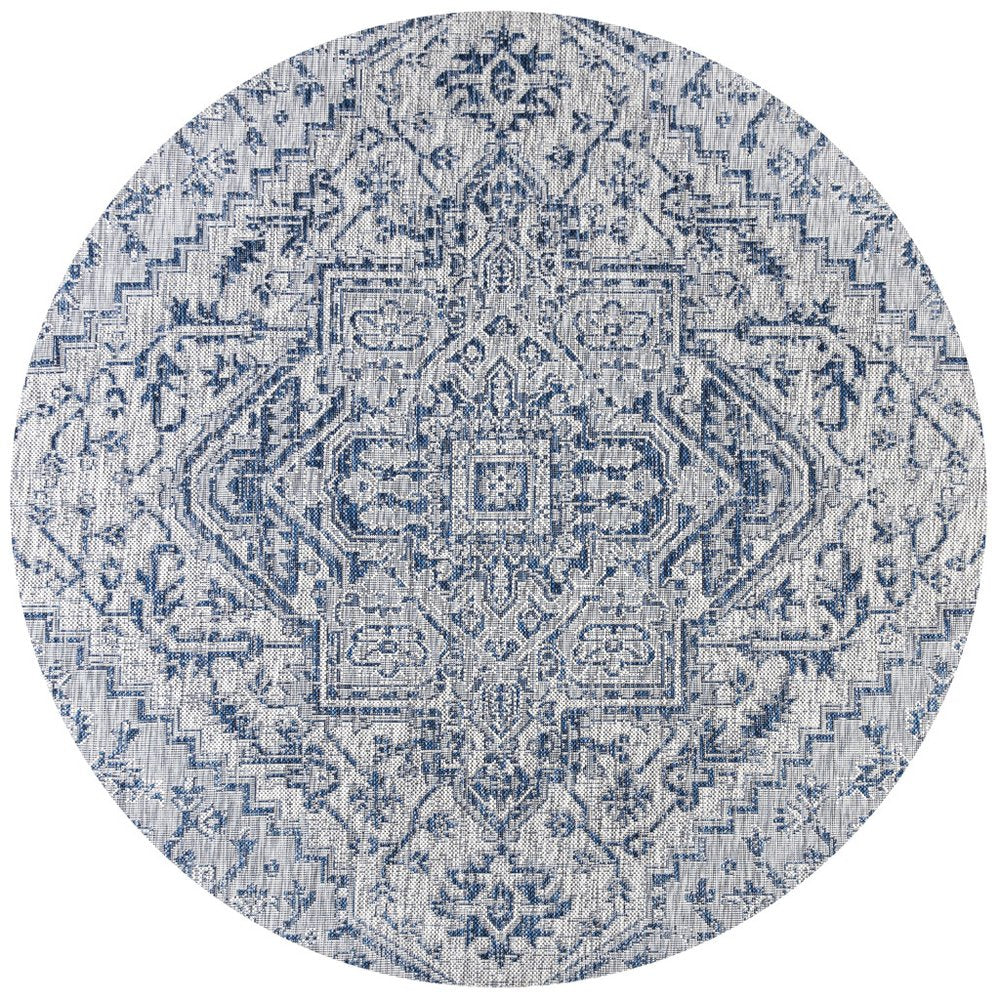 6' Navy Blue And Gray Round Medallion Indoor Outdoor Area Rug — view 1
