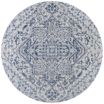 6' Navy Blue And Gray Round Medallion Indoor Outdoor Area Rug HomeRoots