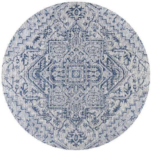 6' Navy Blue And Gray Round Medallion Indoor Outdoor Area Rug