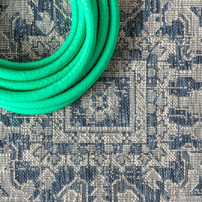 6' Navy Blue And Gray Round Medallion Indoor Outdoor Area Rug HomeRoots