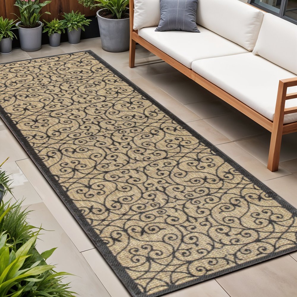 20' Black And Khaki Geometric Indoor Outdoor Runner Rug HomeRoots