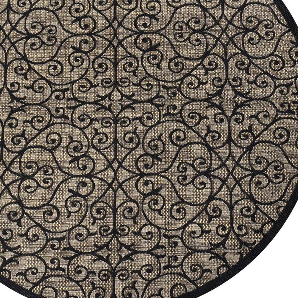8' Black And Khaki Round Geometric Indoor Outdoor Area Rug — view 7