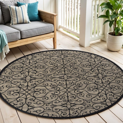 8' Black And Khaki Round Geometric Indoor Outdoor Area Rug HomeRoots