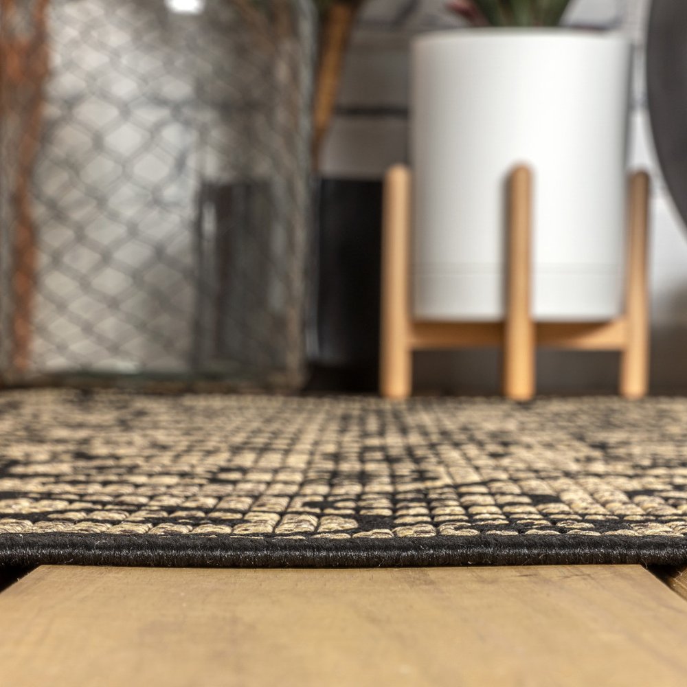 8' Black And Khaki Round Geometric Indoor Outdoor Area Rug — view 4