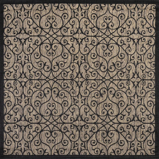 9' Black And Khaki Square Geometric Indoor Outdoor Area Rug