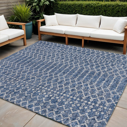 9' Navy Blue And Light Gray Square Trellis Indoor Outdoor Area Rug