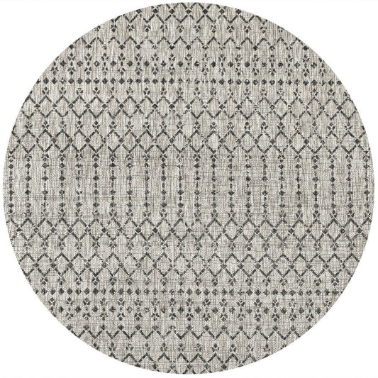 8' Light Gray And Black Round Trellis Indoor Outdoor Area Rug