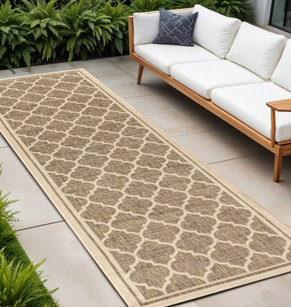 20' Brown And Beige Geometric Indoor Outdoor Runner Rug HomeRoots
