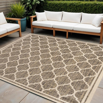 4' Brown And Beige Square Geometric Indoor Outdoor Area Rug