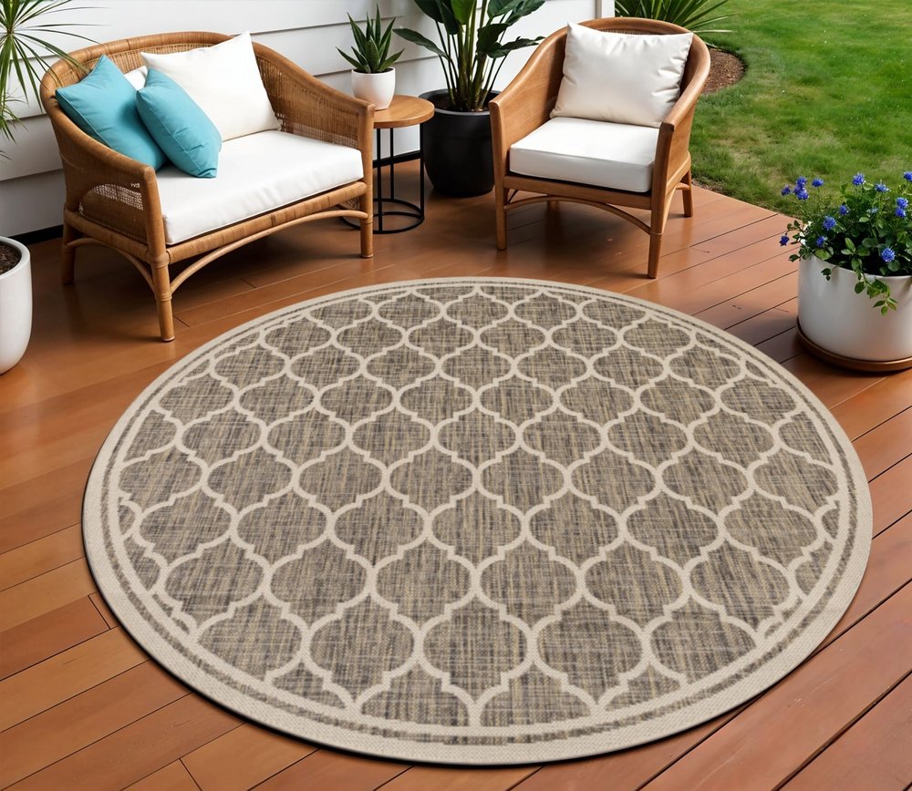 8' Brown And Beige Round Geometric Indoor Outdoor Area Rug HomeRoots