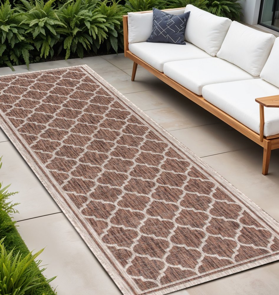 20' Espresso And Taupe Geometric Indoor Outdoor Runner Rug HomeRoots