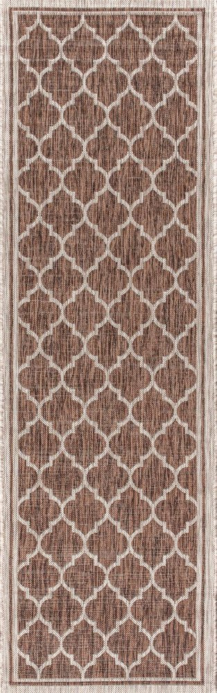 20' Espresso And Taupe Geometric Indoor Outdoor Runner Rug — view 1